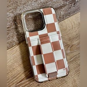 iPhone15 Pro Walli Tan and Cream Checkered Print Phone Case with Stand